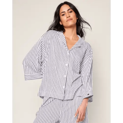 The Olivia Wide Leg Pima Pajama Set in Navy French Ticking