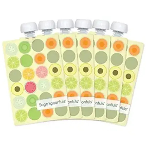 Sage Spoonfuls Reusable Baby Food Pouches - 6 Pack, Baby Food Storage, Pouches Toddler, Refillable Squeeze Pouch for Kids (Fruit Dot), Dishwasher and Freezer Safe, BPA Free - 6-Pack