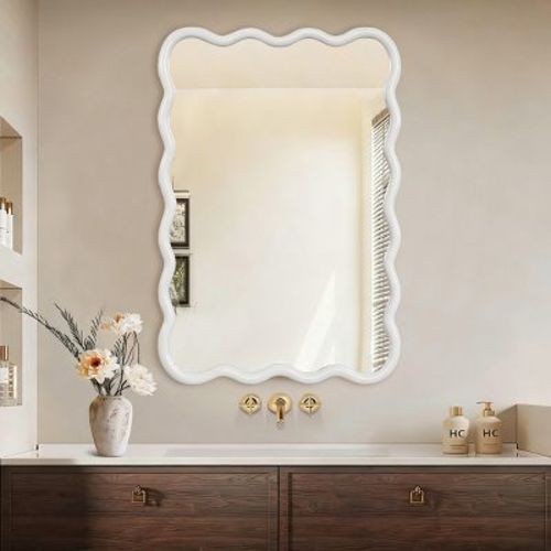 24" x 36" Modern Wavy Rectangle Wall Mirror, White Decorative Mirror, Wall-Mounted or Leaning Accent Mirror for Living Room-Panipeachy