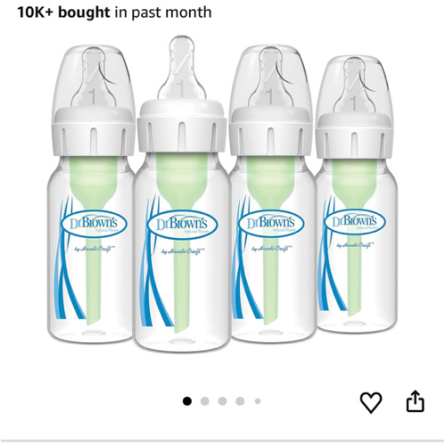 Dr. Brown's Natural Flow Anti-Colic Options+ Narrow Baby Bottle, 4 oz/120 mL, with Level 1 Slow Flow Nipple, 0m+, 4 Bottles