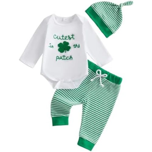 Newborn Baby Boy St Patricks Day Outfit Clover Letter Print Long Sleeve Romper Top Long Pants Hat Set Irish Clothes