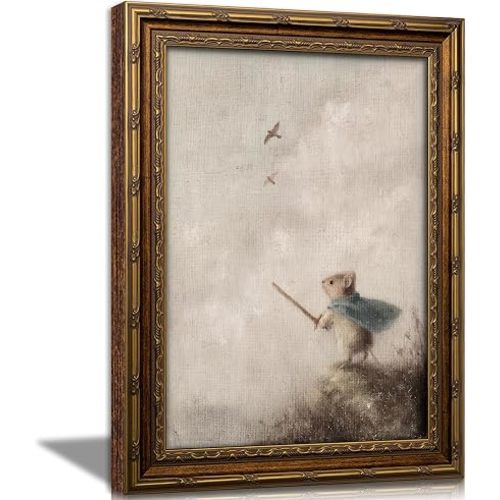 SYHSDZSW Vintage Gold Framed Nursery Wall Art, Mouse Knight Canvas Print | Whimsical Cottagecore Kids Room Wall Decor, Storybook Style Decor for Baby Boys Girls Bedroom Playroom Study 9x11 Inches