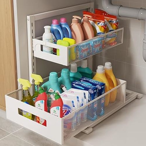 Under Sink Organizer Adjustable Height 2 Tier Bathroom Organizer Pull Out Cabinet Organer kitchen organizers and storage fridge organizers and storage,White,XL-1 Pack