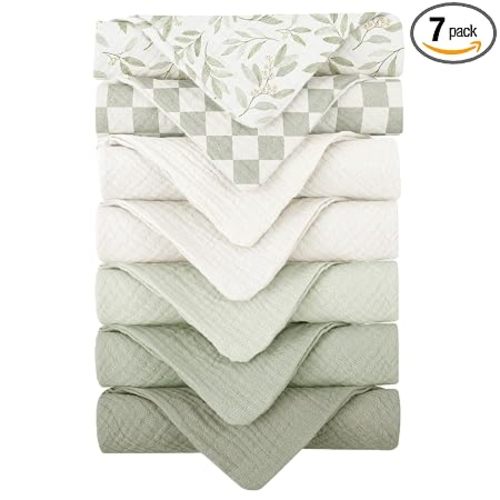 Konssy Baby Muslin Washcloths 7-Pack, 100% Cotton Baby Bath Washcloths, Soft & Absorbent Wash Cloths and Burp Cloths for Newborn Kids Girls & Boys, 11x11 inches
