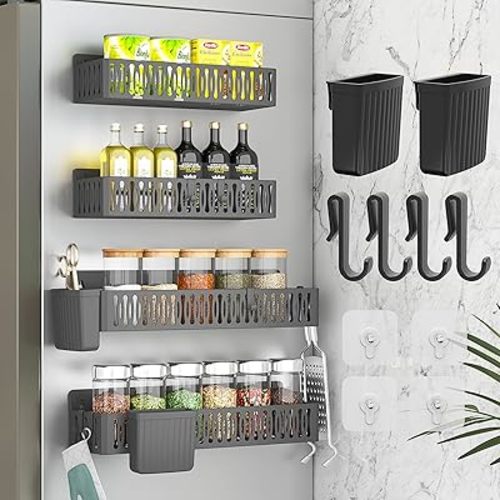 4 Pack Large Magnetic Spice Rack for Refrigerator, Spice Rack Organizer, Moveable Magnetic Shelf Fridge Organizer with 4 Hooks for Kitchen and Oven Organization, Black