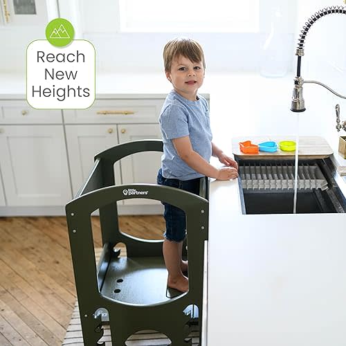Little Partners Kids Learning Tower, Toddler Tower Adjustable Height Kitchen Step Stool, Encourages Learning, Independence, and Engagement, Safety Climbing Tower for Counter (Olive Green)