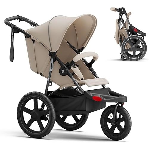 Jogging Stroller, All-Terrain Frame, 12"/16" Inflatable Tires with Angled Valve, Disc Hand Brake & Foot Brake, Adjustable Handlebar, Foldable Jogger Stroller for Babies & Toddlers, Khaki