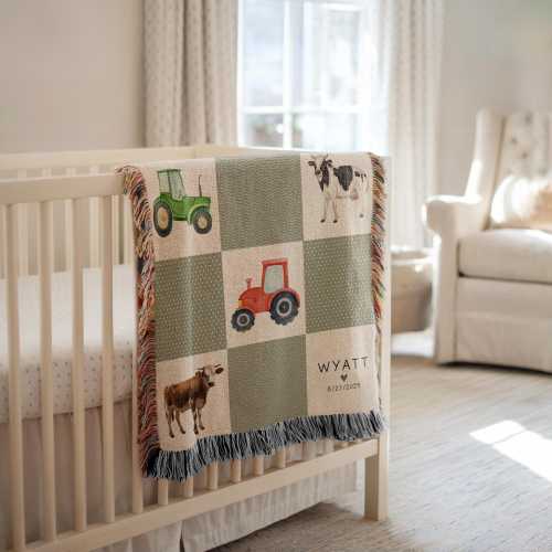 Personalized Farm Theme Baby Blanket Farm Truck Woven Blanket Custom Baby Boy Name Blanket Baby Shower Gift Truck-themed Nursery Woven Throw