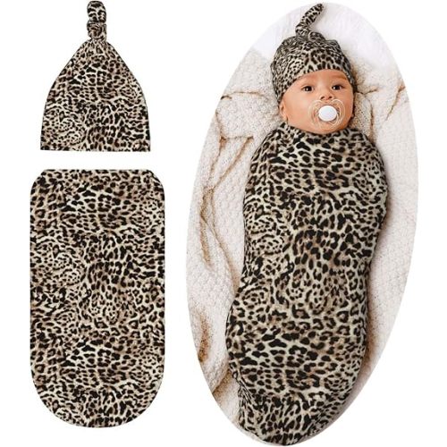 Leopard Print Newborn Swaddle Blankets Cheetah Print Baby Stuff Soft Swaddling Blanket With Beanie Sets Gifts For Infant Boys Girls
