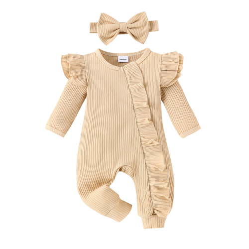 Douhoow Clothes 0 3 6 Months Baby Girl Ribbed Romper Long Sleeve Ruffle Jumpsuit Solid Bodysuit Headband