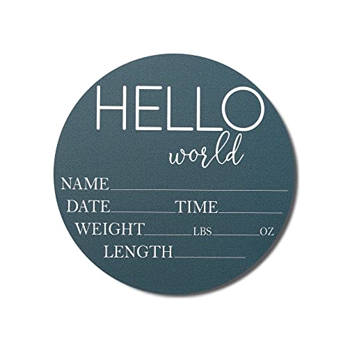 Baby Announcement Sign for Newborn Boys and Girls (Color Bases) - Hello World Nursery Decor Sign & Photo Prop for Babies Made of Birch Wood - 6" Circle Board (Blue)