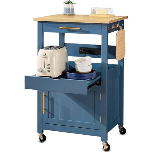 Best Choice Products Rolling Kitchen Island Cart, Single Door Cabinet W/Drawer, Sliding Tray, Outlet, Swivel Lockable Wheels, Hooks, Coffee Cart, Microwave Stand, for Dining Room - Slate Blue