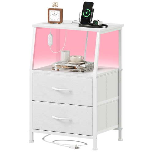 Eunos Small Nightstand with Charging Station for Bedroom, 2 White Drawer Dresser with Storage Shelfs