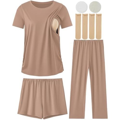 DANSHOW 5 Piece Maternity Nursing Pajamas Pregnancy Pjs Sets Breastfeeding Sleepwear for Women, Nursing Breast Pads & Socks