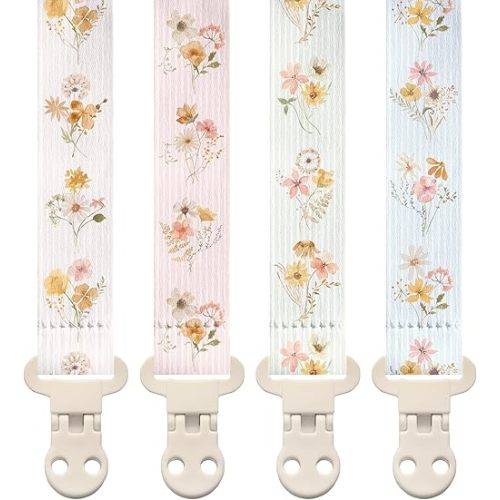 Stadela Baby Fabric Pacifier Clip Holder, Plastic Clip, 4‑Pack, Wildflowers Pattern, Charlotte Set
