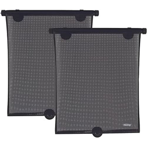 Nuby 14" Roller Vehicle Side Window Sun Protection Shade for Baby | 2 Pack | Pull Down with Suction Cups and Press Button Roll Up | Black