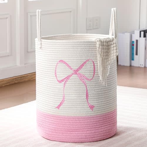 Honeydak Pink Bow Laundry Hamper Coquette Bow Tall Cotton Rope Laundry Basket Large Pink Girly Nursery Basket Storage for Blanket Toys Clothes Organization in Bedroom Bathroom(17.7 x 15 Inches)
