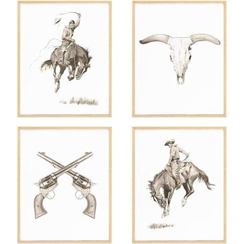 BRRNYOI Western Cowboy Wall Art Posters Set of 4, Western Room Decor, Vintage Country Wild West Rodeo Cowboy Cow Skull Gun Canvas Prints Wall Decor for Home Bedroom Living Room, 8x10 Unframed