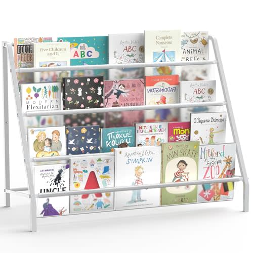 High-Transparent 4 Tier Kids Bookshelf, Sturdy Metal Large Size Book Rack Storage for Kids - Toddler Book Shelf Display for Nurasery, Kids Room, Deep Size Bookshelf Hold More Books