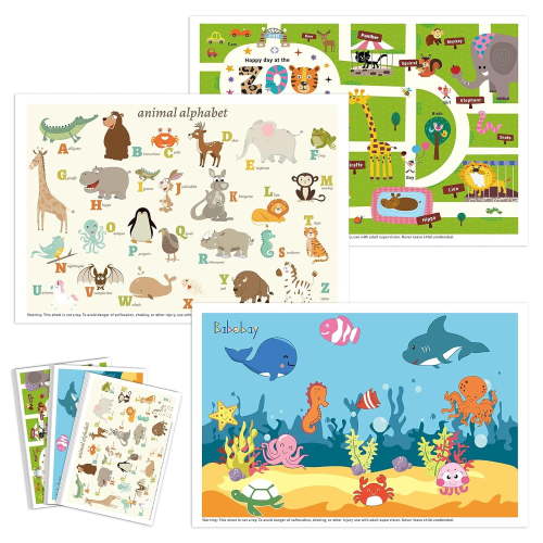 Disposable Placemats for Baby, 60 Pack Sticky Toddler Placemat for Restaurants, Dining Table, Party, Travel, 12" x 18" with 3 Designs