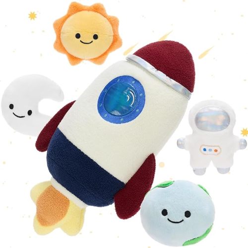 5Pcs Space Plush Toys Set – 14.57" Rocket, Astronaut, Sun, Moon & Earth Stuffed Animals, Soft Huggable for Bedtime Snuggles, Imaginative Play & Cute Room Decor, Christmas Birthday Gift for Boys Girls