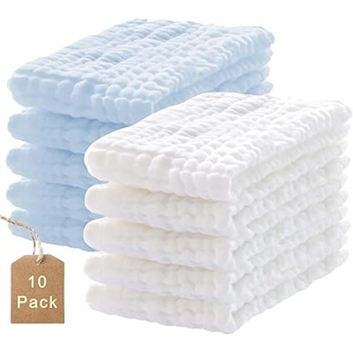 10-Pack Burp Cloths,100% Cotton Muslin Thickened Baby Burp Cloths Super Soft and Absorbent, Newborn Towels 20" x 10" (White+Blue)
