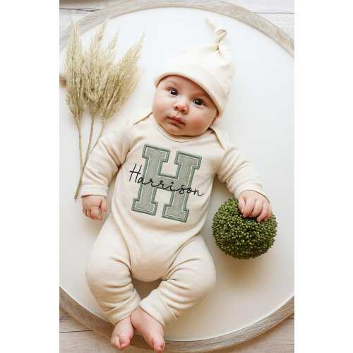 Personalized Newborn Romper, Embroidered Baby Boy Outfit, Newborn Baby Shower Gift, Personalized oatmeal baby romper and hat set