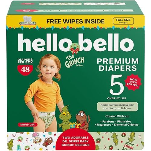 Hello Bello Dr. Seuss Baby Grinch Premium Diapers, Size 5 (27+ lbs), 48ct Plus Bonus Wipes: Softness & Protection for Sensitive Skin