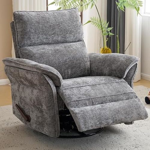 Oversized Glider Rocker Recliner, 24" Extra Wide 360° Swivel Nursery Recliner with Adjustable Headrest, Chenille Rocking Nursery Chair with Overstuffed Armrest, Lumbar Support, Dark Grey
