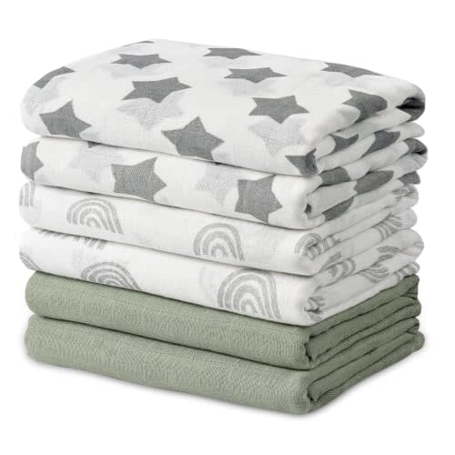 GLLQUEN BABY Receiving Blankets Muslin Swaddle Blanket for Newborn Girl Boy | Cotton Squares Baby Blankets, Soft & Thin Swaddle Cloth, Breathable Absorbent Infant Swaddling Wrap - 6 Pack (Star)