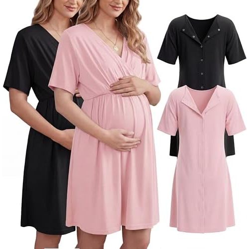 2 Pack Labor and Delivery Gown for Hospital Maternity Nursing Short Sleeve Gown Button Back Birth Recovery Sleepwear