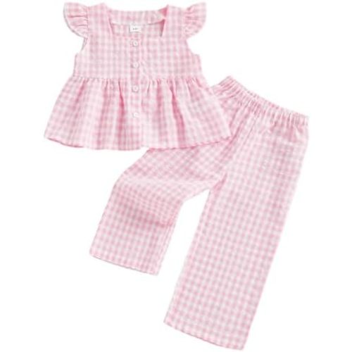 Toddler Baby Girl Clothes Summer Spring Baby Outfit Plaid Frill Trim Plaid Tank Tops Pants 12 18 24 Month 3T 4T
