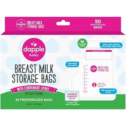 Dapple Breast Milk Storage Bags with East Pour Spout, Leakproof Double Zipper, BPA-Free, Pre-Sterilized, Temperature Sensor, Freezer-Safe, Pump Directly Into Bag, 8oz, 50ct