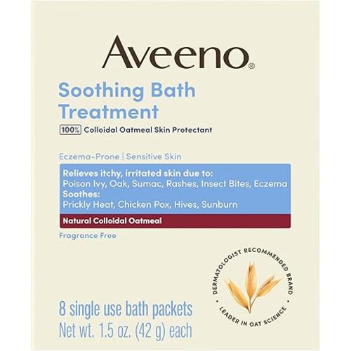 Aveeno Soothing Bath Treatment with 100% Colloidal Oatmeal Skin Protectant for Sensitive & Eczema-Prone Skin, Fragrance-Free Bath Soak Relieves Itchy, Irritated Skin, Individual Packets, 8 ct