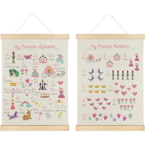 Nrleey My Princess Alphabet Numbers Wall Decor with Wooden Poster Hanger - Princess Room Decor, ABC Alphabet Numbers Learning Wall Art Posters for Girls Bedroom Playroom, 12x16 Inch Set of 2