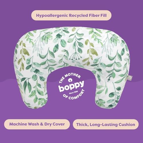 Boppy Nursing Pillow - Ergonomic Bottle & Breastfeeding Pillow with High, Firm, Large Area, Water-Repellent Cushion with Washable Cover; Baby Safety Alliance Verified - Sage Green Leaf