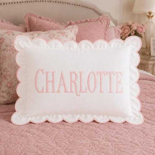 Personalized Monogram Scalloped Pillowcases, Custom Initial Nursery Pillow, Edge Lumbar Pillow Case, Embroidered Baby Pillow