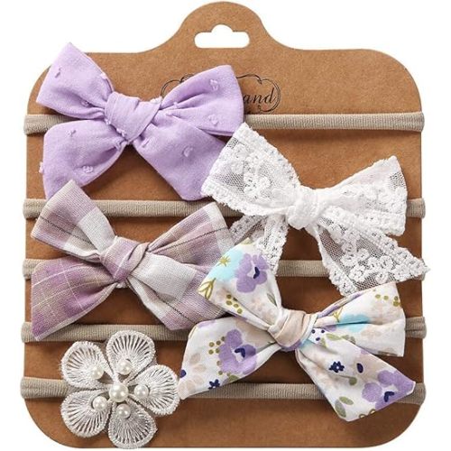 Spring Summer Girls' Soft Lace Flower Headbands, 5 Pack Elastic Hair Bows and Accessories for Newborns, Infants, Toddlers