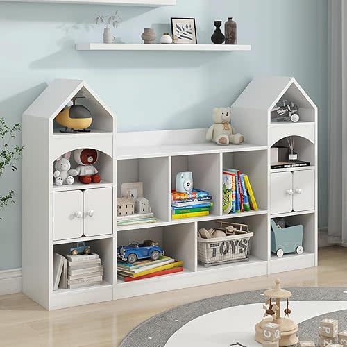 Vabches Kids Bookcase and Toy Storage Cabinet, Children Bookshelf, Castle Shape, Playroom Furniture Multipurpose Shelf for Toddlers to Organize Toys and Books Magic Castle, Cool White