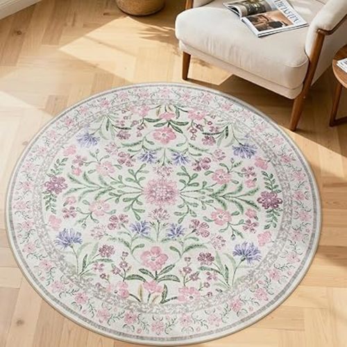 Lahome Light Purple 4 ft Round Accent Rug, Small Circular Soft Mat for Nursery & Reading Nook, Machine Washable Low Pile Carpet for Cozy Self-Care Retreat Decor