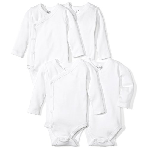 Moon and Back Baby Set of 4 Organic Long-Sleeve Side-Snap Bodysuits, White Cloud, 0-3 Months