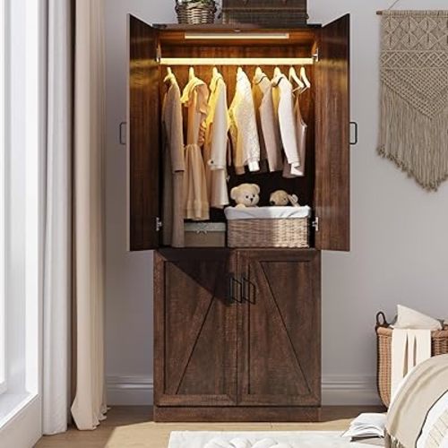 75" Tall Farmhouse 2 Doors Armoire Wardrobe Closet with LED,Freestanding Closet Wardrobe Cabinet for Bedroom with Hanging Rod,Wooden Armoire Storage Cabinet with Adjustable Shelves(Brown)
