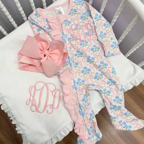 baby girl coming home outfit, grand millennial monogrammed coming home outfit, sk creations, zip footie, ruffle outfit, floral LP