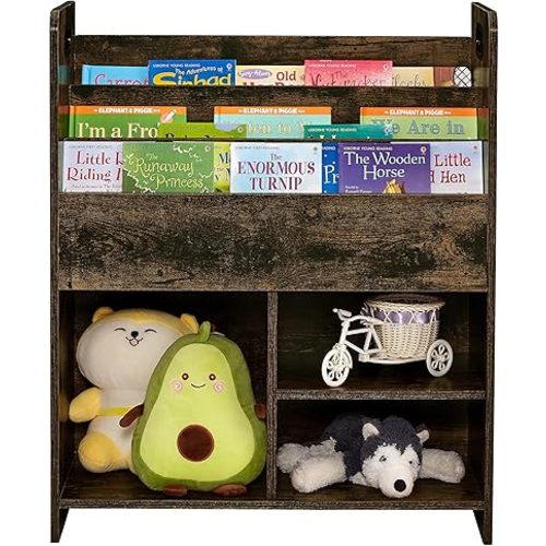 VECELO Kids Bookshelf with Toy Storage - Wooden Nursery Organizer for Books & Toys, Easy Assembly Playroom Shelf (Brown)