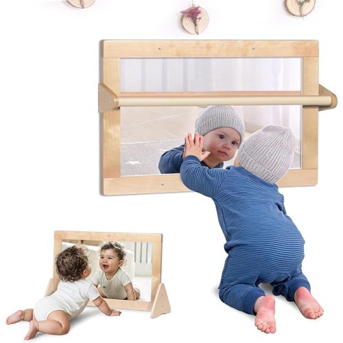 KRAND Baby Montessori Wooden Frame Non-Shatter Safety Mirror w/ 2 Pull Up Bars, Infant Coordination Small Mirror for 6-18 Months (Natural)