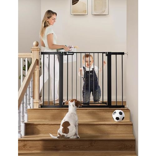 COMOMY 30" Tall Baby Gate for Stairs Doorways, Fits Openings 29.5" to 46" Wide, Auto Close Extra Wide Dog Gate for House, Pressure Mounted Easy Walk Through Pet Gate with Door, Black