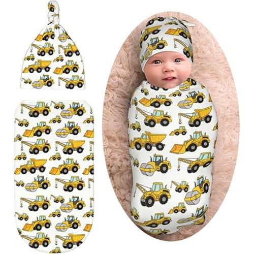 Construction Machinery Excavator Truck Tractor Newborn Swaddle Blanket Baby Stuff Baby Blanket with Beanie Set Soft for Unisex Girls Boys