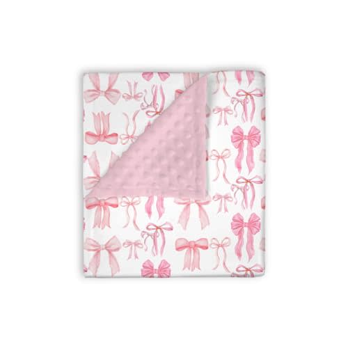 Mink Baby Girls Blankets Watercolor Pink Bows, Cute Ribbon Bowknot Soft Double Layer Dotted Backing Receiving Swaddle, Newborn Infant Toddler Nursery Crib Bedding Shower Gift 30