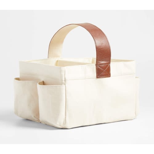 Canvas Diaper Caddy Organizer with Brown Leather Handle