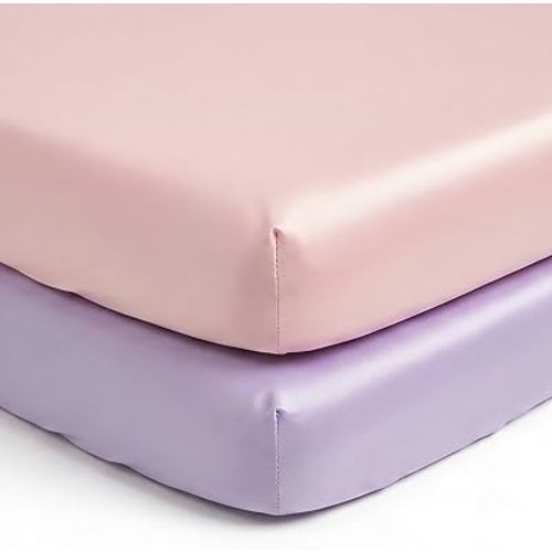 Pro Goleem Satin Mini Crib Sheets 2 Pack, Pink & Purple Silky Soft Fitted Sheet for Baby Hair Protection, 38"x24"x5" Breathable Mattress Cover Compatible with Pack n Play & Portable Crib